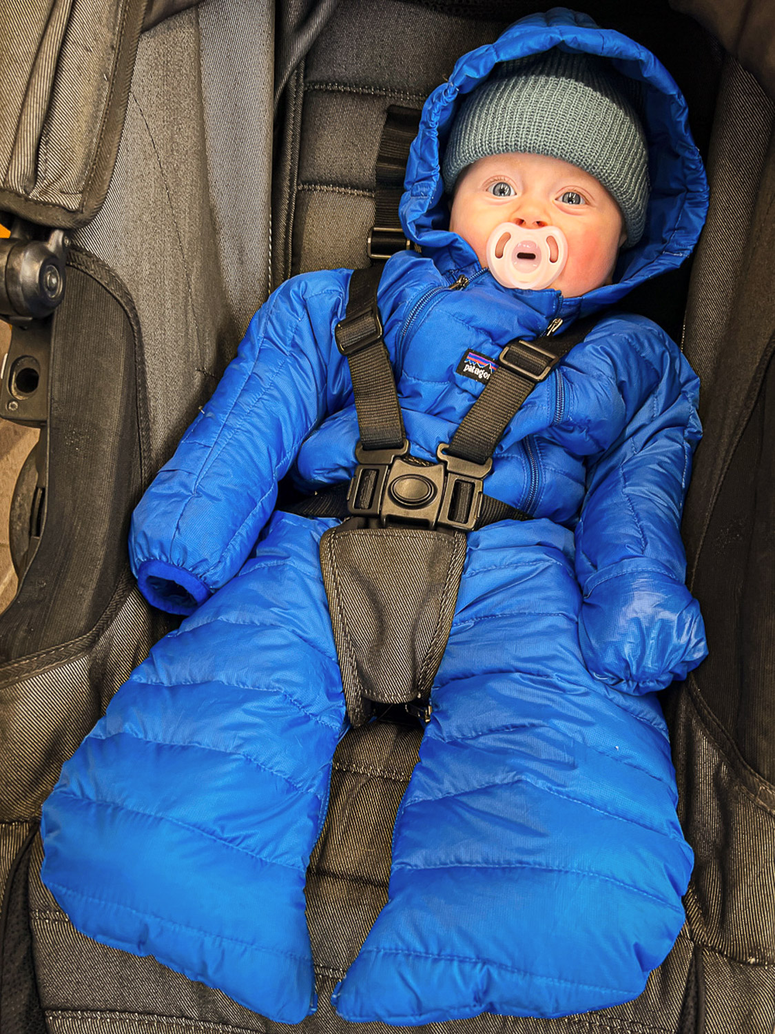 Infant sitting in a stroller dressed in a beanie and a bright blue snow suit from Patagonia