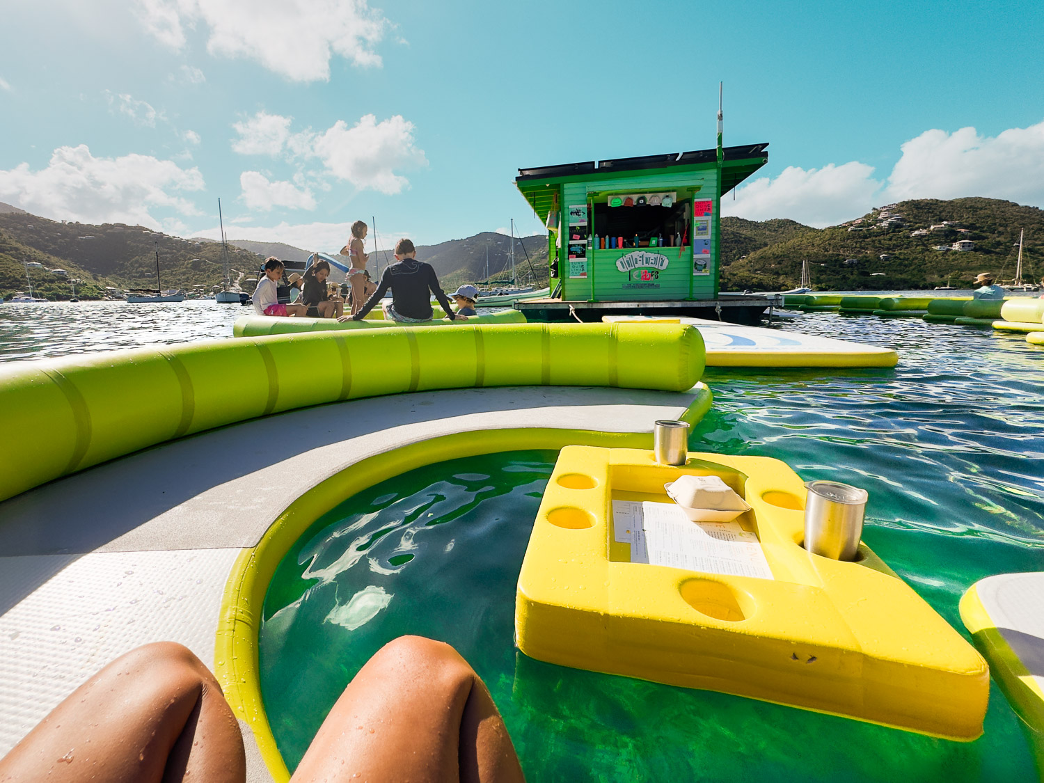 11 Very Best Things to do in St. John: Sitting on floating couches drinking cocktails and eating tacos at Lime Out in Coral Bay, St. John