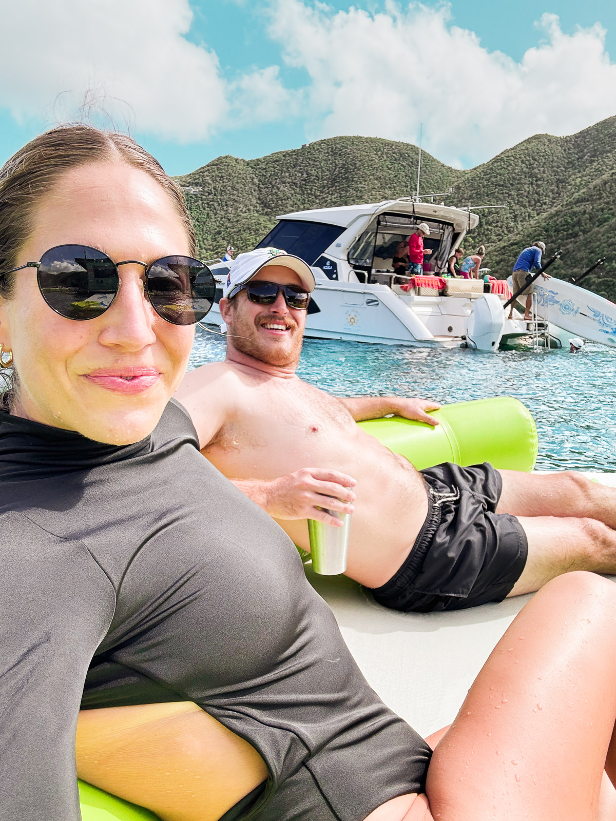 11 Very Best Things to do in St. John: Sitting on floating couches drinking cocktails at Lime Out in Coral Bay, St. John