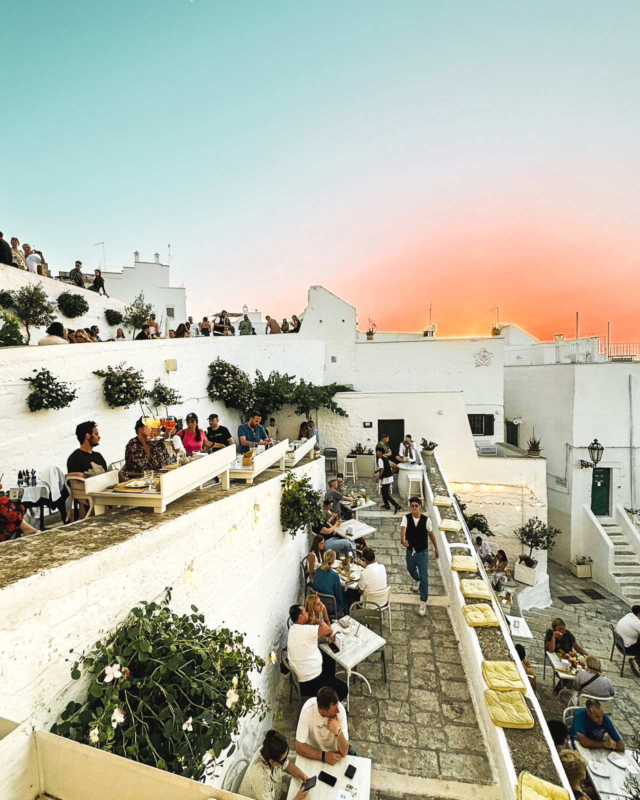 Best Restaurants in Puglia, Italy: Borgo Antico Bistrot Bar at Sunset in Ostuni, Puglia, Italy