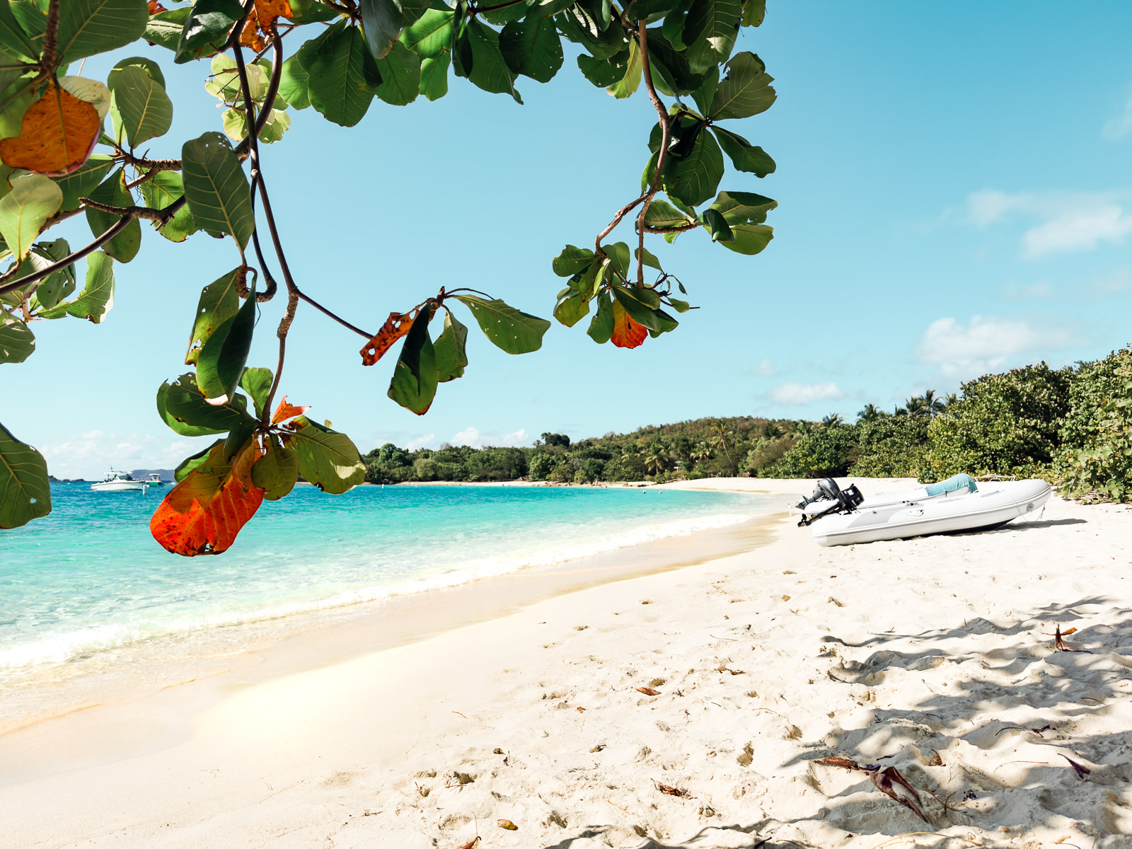 Complete Guide to Small Boat, Dinghy, Rentals in St. John USVI: Dinghy beached on the sand at Scott Beach in St. John, USVI